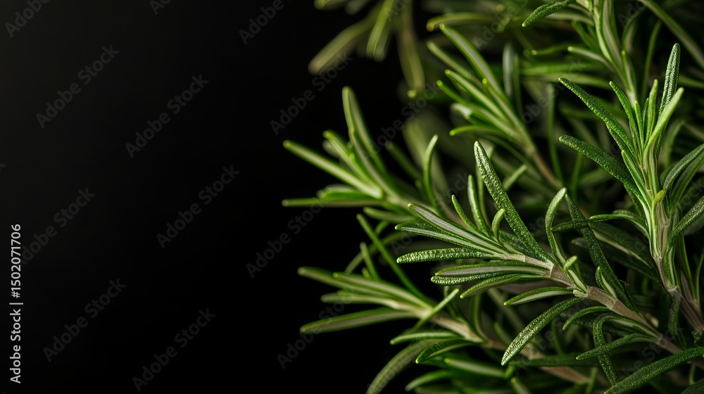 Fototapeta premium Organic rosemary oil and fresh leaves offer natural remedies. Ideal for hair and skin, and stress relief. The image shows the oil on a black background, leaving ample space for text. 