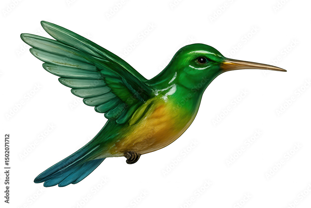 Fototapeta premium Green and gold hummingbird flying with transparent background