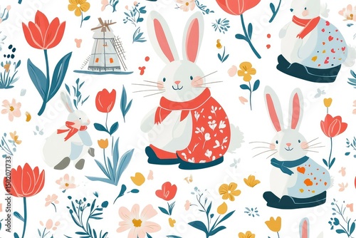 bunnies in Dutch clogs and tulip hats, surrounded by windmills and flowers, vector seamless pattern