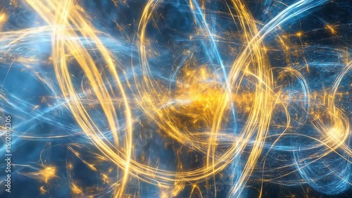 abstract quantum waves and particle physics background with glowing energy fields, subatomic particles in motion, deep blue and golden light trails, scientific visualization with cosmic aesthetics photo