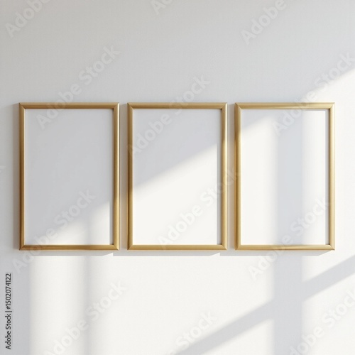 wall art poster frames gold frame decor gallery canvas painting print mockup mockups design three digital artwork printed shadow white wall natural sunlight golden minimalist minimal blank empty space