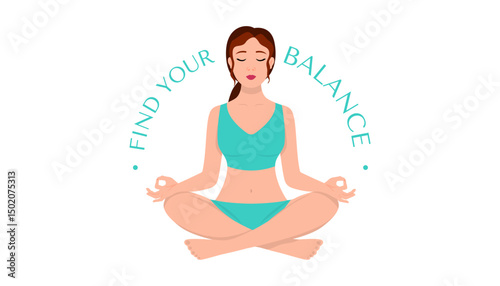 Flat vector illustration of girl doing yoga pose in minimal style. International Yoga Day concept. Meditation, calm and healthy lifestyle for poster or social