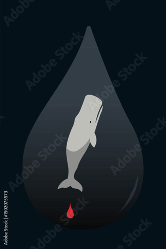 A symbolic illustration of a sperm whale trapped in an oil drop, bleeding into the darkness. A metaphor for extinction, pain, and the ecological price of industrial greed.
