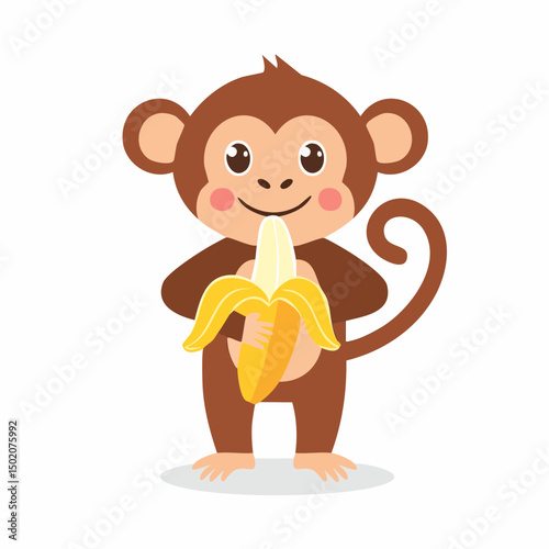 monkey standing holding a banana and smiling