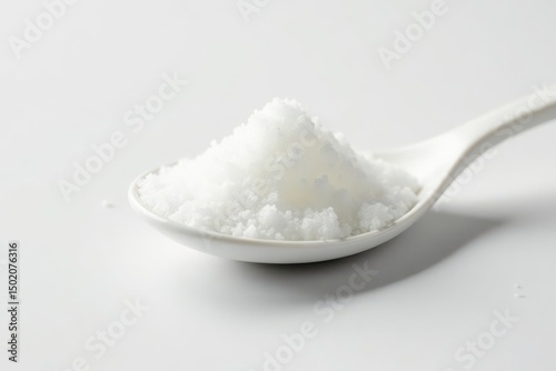 Spoonful of white sugar against white backdrop, closeup, candy
