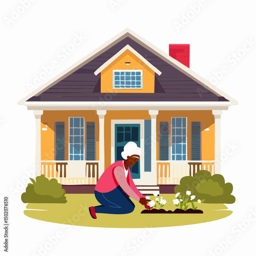 woman working in flower bed in front of house