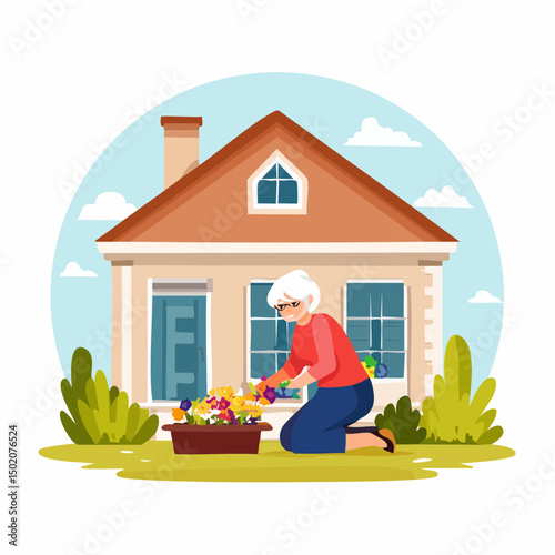 woman working in flower bed in front of house