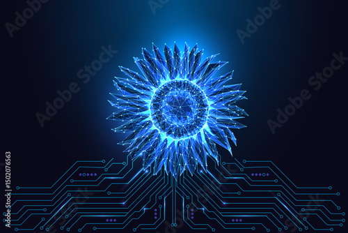 Green energy and renewable technology concept with glowing polygonal sunflower shape