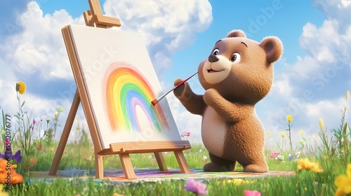 A dreamy scene of a cute cartoon bear painting a rainbow on a canvas outdoors