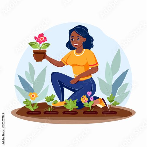 woman smiling while holding flower pot near flower bed