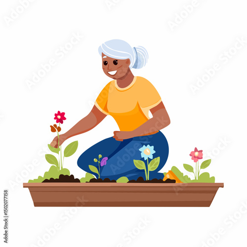 woman smiling near flower bed