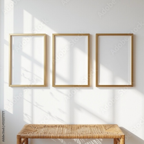 wall art poster frames gold frame decor gallery photo canvas painting print mockup mockups design three digital artwork printed shadow wooden bench natural sunlight golden minimalist minimal blank 