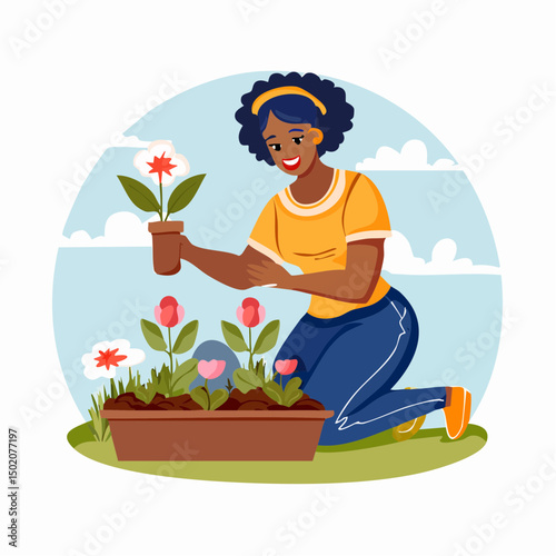 woman smiling while holding a flower pot near flower bed