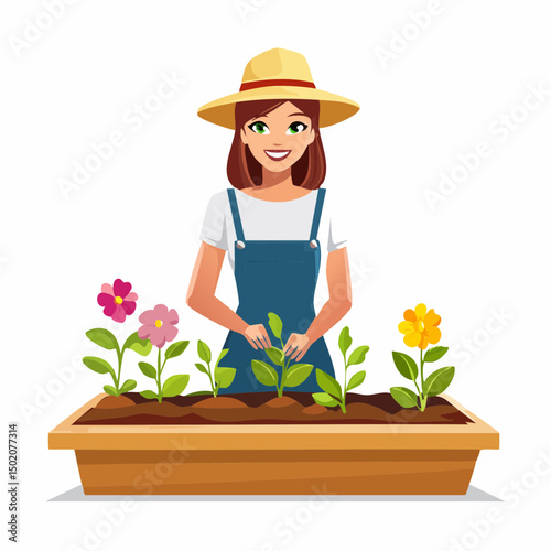 female with hat standing near flower bed