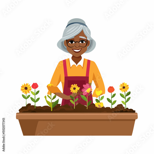female gardener wearing glasses smiling near flower bed