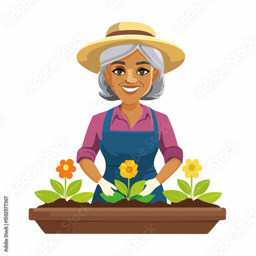 female gardener with gloves and a hat smiling near flower bed