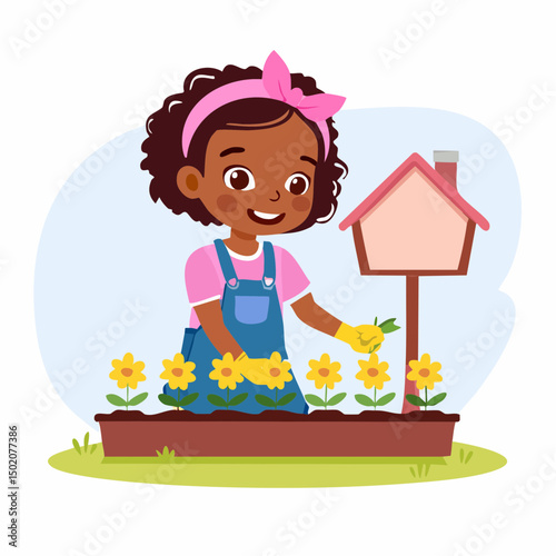little girl smiling and working in flower bed with yellow flowers