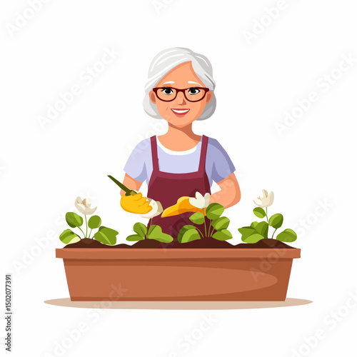 woman with glasses working in flower bed
