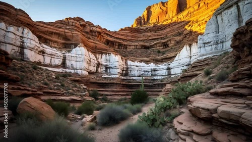 Eroded sedimentary canyon reveals layered rock formations under clear sky, showcasing striated geology in arid terrain. Concept: geology blog, travel agency, geography book.