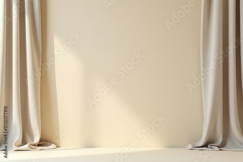 Simple linen curtains, neutral beige backdrop, modern, studio, cream