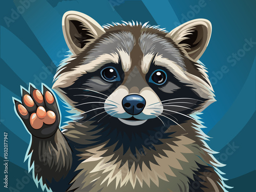 vector of Photo of raccoon raising its paw, close-up, on clean solid background, pet rescue concept, pets, care and maintenance, beautiful wildlife environment