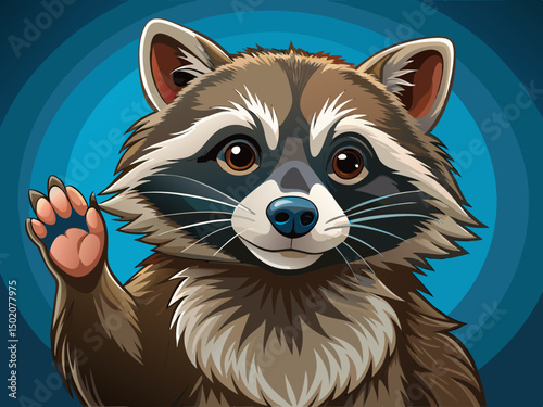 vector of Photo of raccoon raising its paw, close-up, on clean solid background, pet rescue concept, pets, care and maintenance, beautiful wildlife environment