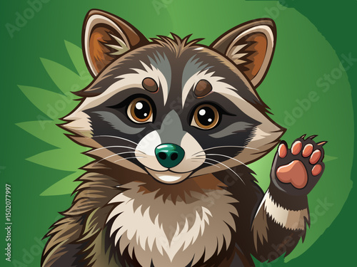 vector of Photo of raccoon raising its paw, close-up, on clean solid background, pet rescue concept, pets, care and maintenance, beautiful wildlife environment