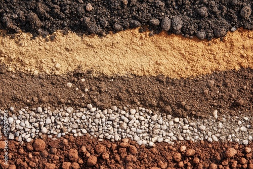 Horizontal layers of soil samples showcasing varying textures, colors, and compositions, from dark brown topsoil to light tan subsoil and gravelly layers