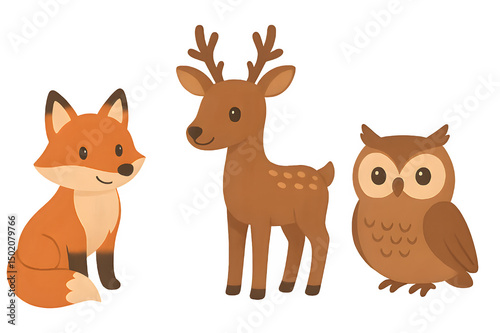 adorable cartoon fox, deer, and owl in a vibrant woodland illustration,