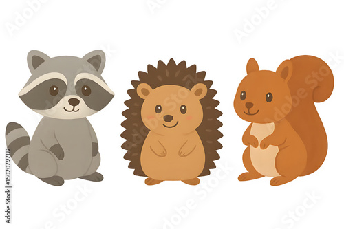 cartoon animals raccoon, hedgehog, and squirrel,