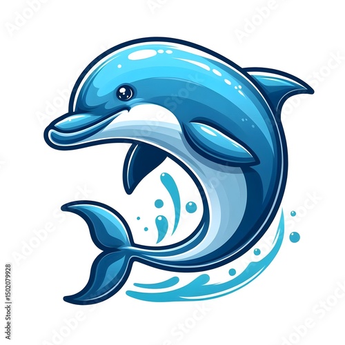 Cute Cartoon Dolphin Splashing in Blue Ocean Waves