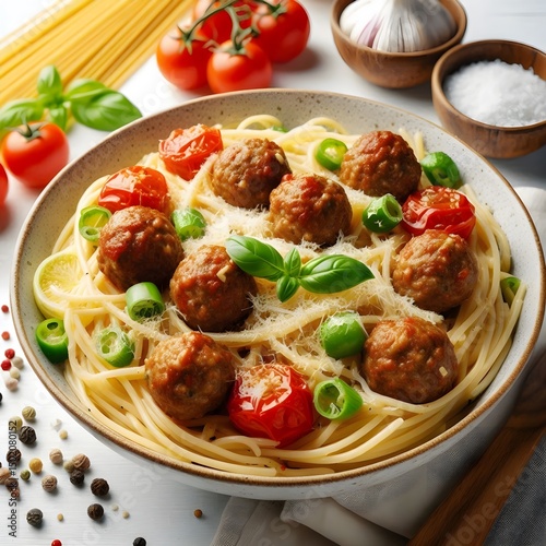 Delicious Spaghetti and Meatballs Dish with Fresh Basil and Parmesan Cheese