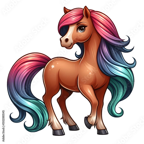 Colorful Cartoon Pony with Vibrant Hair and Sparkling Star Details