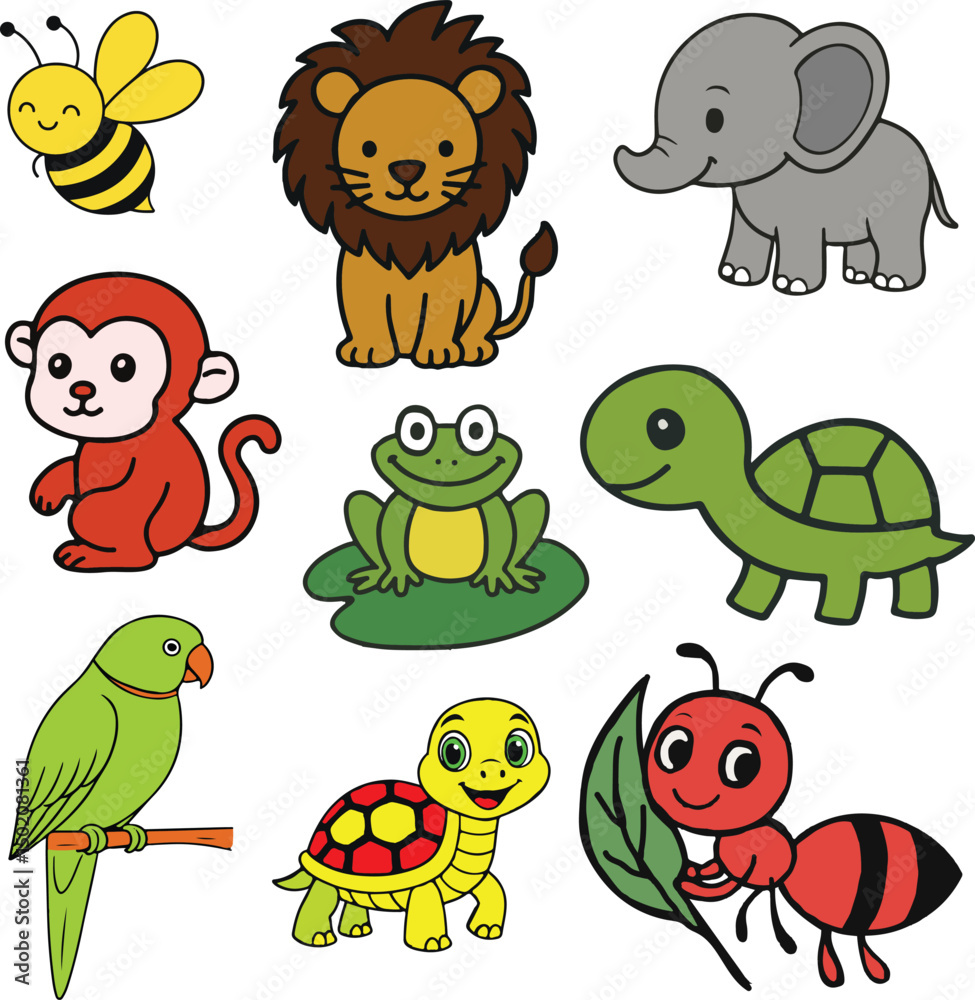 Obraz premium Cute Cartoon Animal Clipart Set for Kids – Jungle, Zoo, and Insect Friends
