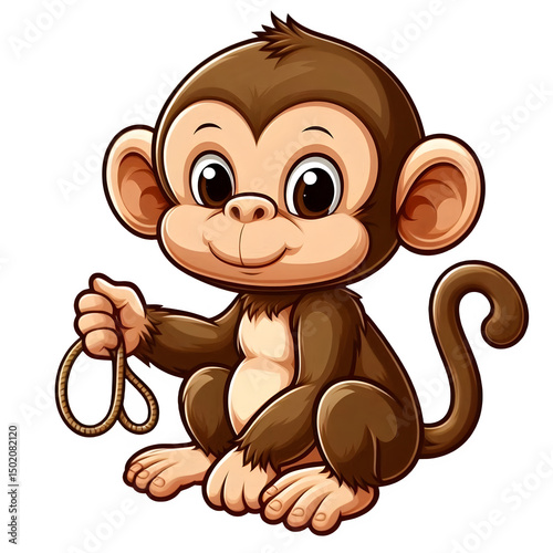 Adorable Cartoon Monkey Character Holding a Rope, Smiling and Cheerful