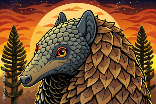 A close-up view of a pangolin nestled vector in its natural habitat, showcasing its unique illustration