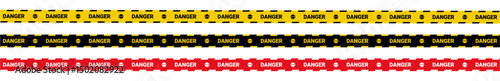 Hazardous warning tape set with seamless black and yellow lines for crime scenes and construction zones. Includes caution signs borders brushes and under construction background for web safety.
