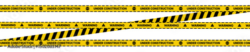 Hazardous warning tape set with black and yellow seamless lines for construction and crime scenes. Includes caution signs, construction borders, brushes, and under construction background.