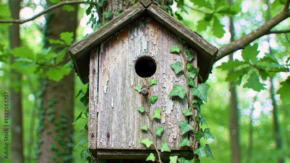 Quaint Birdhouse Nested in Woodland Tree Surrounded By Ivy