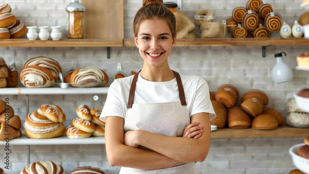 Proud Bakery Owner: A smiling woman wearing a white apron confidently stands in her bakery with shelves filled with freshly baked breads and pastries.