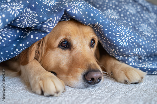 panicked golden retriever hiding beneath patterned quilt