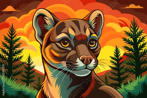 fossa cartoon vector illustration at sunset 