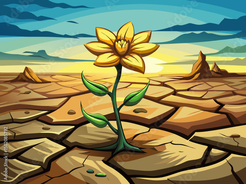 vector of A lone yellow flower blooming from cracked, dry soil: conceptual art that symbolizes solitude in the hardships and resilience of growth. desert blossom