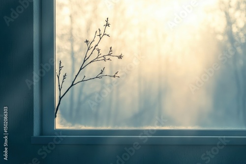 A bare branch in front of a window, revealing a soft, ethereal forest bathed in morning sunlight.