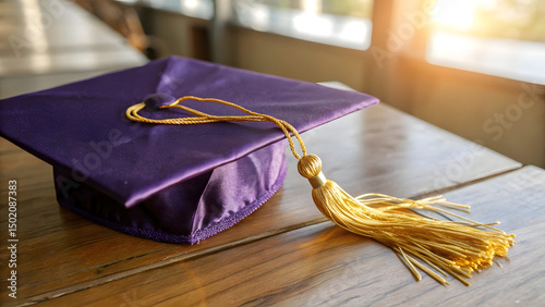 A regal purple graduation cap (mortarboard) with a lustrous golden tassel draped elegantly over its edge