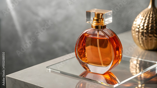 A sleek, translucent orange perfume bottle stands elegantly on a mirror-like acrylic platform, its curves catching the light like liquid amber