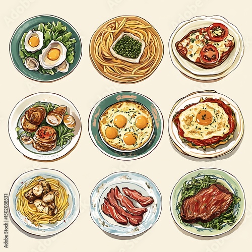 Hand-drawn illustrations of various dishes on plates.