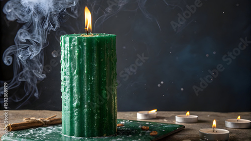 A tall, emerald-green wax cylinder melts dramatically under a bright, dancing flame