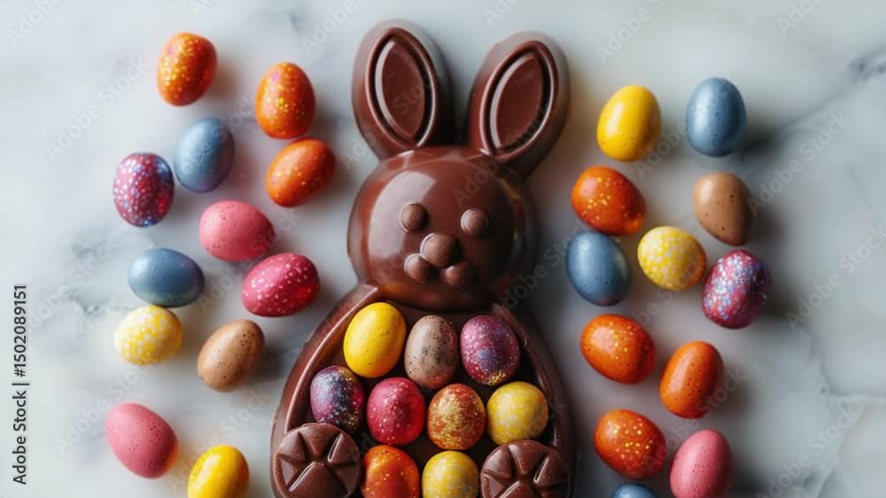 Unique arrangement of rabbit-shaped chocolates with colorful candies