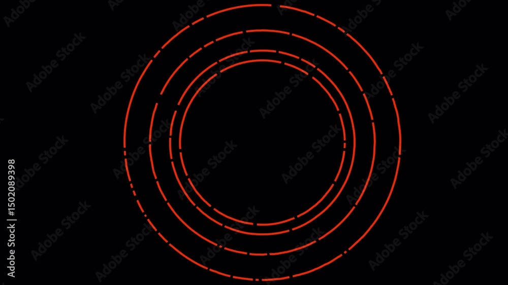 Looped 4K animation of red dashed circular lines rotating on a black screen. Great for HUDs, targeting visuals, or sci-fi user interfaces.